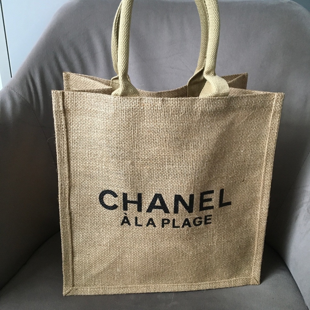 CHANEL Novelty A La Plage Burlap Tote Handbag